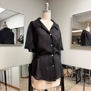 Black Short Sleeve Tie Waist Button Up Blouse